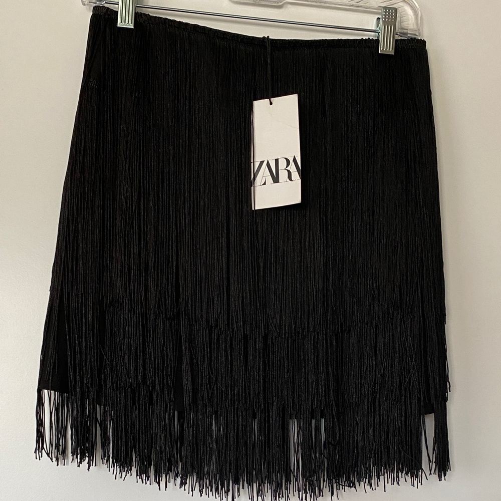Zara Elegant Black Stretch Fringe Mini Skirt Tuxedo Formal NWT M Bloggers